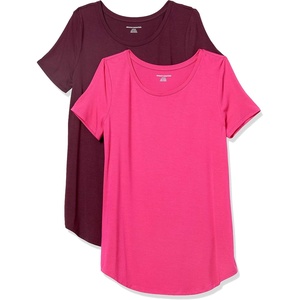 Amazon Essentials Women’s Short-Sleeve Scoopneck Tunic Tops T-Shirt, Stretchy, Pack of 2(Bright Pink/Burgundy)