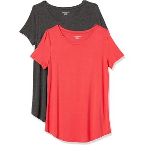 Amazon Essentials Women’s Short-Sleeve Scoopneck Tunic Tops T-Shirt, Stretchy, Pack of 2(Charcoal Heather/Red Coral)