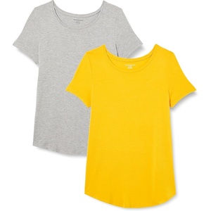 Amazon Essentials Women’s Short-Sleeve Scoopneck Tunic Tops T-Shirt, Stretchy, Pack of 2(Light Grey Heather/Golden Yellow)