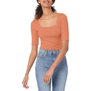 Amazon Essentials Women’s Slim Fit Half Sleeve Square Neck Cotton Modal T-Shirt(Coral Orange)