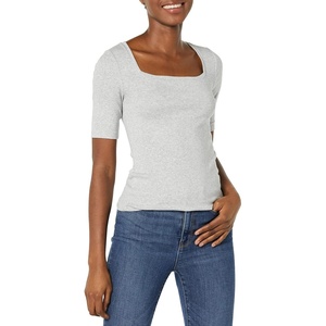 Amazon Essentials Women’s Slim Fit Half Sleeve Square Neck Cotton Modal T-Shirt(Light Grey Heather)
