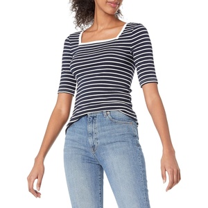 Amazon Essentials Women’s Slim Fit Half Sleeve Square Neck Cotton Modal T-Shirt(Navy/White  Stripe)