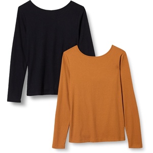 Amazon Essentials Women’s Slim Fit Scoop Back Long Sleeve Rib-Knit T-Shirt, Soft Stretch, Layer Clothes, Pack of 2(Black/Caramel)