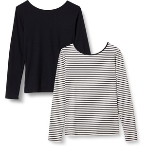 Amazon Essentials Women’s Slim Fit Scoop Back Long Sleeve Rib-Knit T-Shirt, Soft Stretch, Layer Clothes, Pack of 2(Black/French Stripe)
