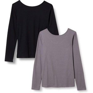 Amazon Essentials Women’s Slim Fit Scoop Back Long Sleeve Rib-Knit T-Shirt, Soft Stretch, Layer Clothes, Pack of 2(Grey/Black)