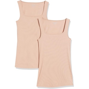 Amazon Essentials Women’s Slim Fit Square Neck Ribbed Tank Tops with Stretch, Pack of 2(Medium Beige/Medium Beige)