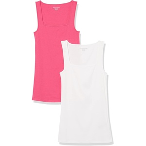 Amazon Essentials Women’s Slim Fit Square Neck Ribbed Tank Tops with Stretch, Pack of 2(White/Dark Pink)