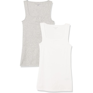 Amazon Essentials Women’s Slim Fit Square Neck Ribbed Tank Tops with Stretch, Pack of 2(White/Light Heather Grey)