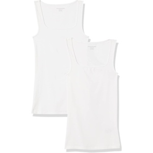 Amazon Essentials Women’s Slim Fit Square Neck Ribbed Tank Tops with Stretch, Pack of 2(White/White)