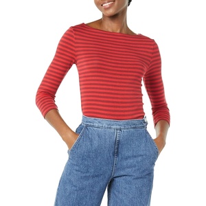 Amazon Essentials Women’s Slim-Fit 3/4 Sleeve Boat Neck Tops Cotton Modal T-Shirt(Red-burgundy Even Stripe)