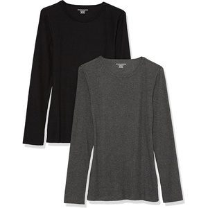 Amazon Essentials Women’s Slim-Fit Long Sleeve Rib Knit Crew Neck Top, Pack of 2(Black/Charcoal Heather)