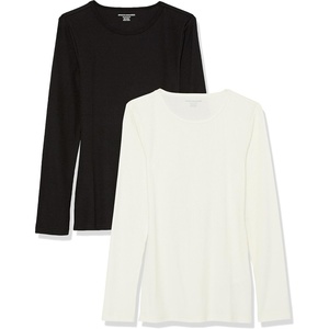 Amazon Essentials Women’s Slim-Fit Long Sleeve Rib Knit Crew Neck Top, Pack of 2(Eggshell White/Black)