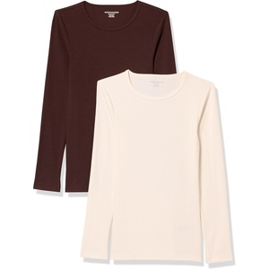 Amazon Essentials Women’s Slim-Fit Long Sleeve Rib Knit Crew Neck Top, Pack of 2(Eggshell White/Espresso)
