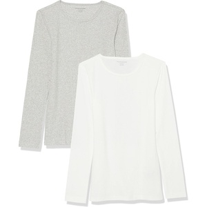 Amazon Essentials Women’s Slim-Fit Long Sleeve Rib Knit Crew Neck Top, Pack of 2(White/Grey)