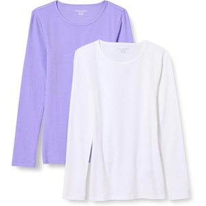 Amazon Essentials Women’s Slim-Fit Long Sleeve Rib Knit Crew Neck Top, Pack of 2(White/Purple)