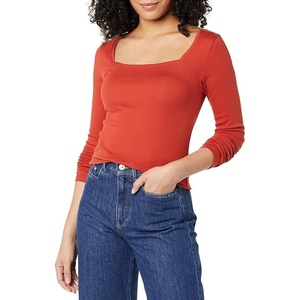 Amazon Essentials Women’s Slim-Fit Long Sleeve Square Neck T-Shirt, Stretchy Cotton Modal(Brick Red)