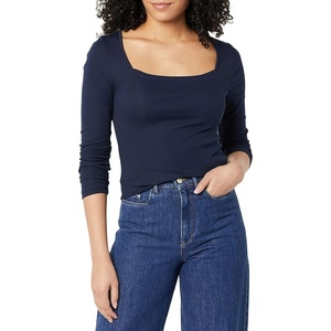 Amazon Essentials Women’s Slim-Fit Long Sleeve Square Neck T-Shirt, Stretchy Cotton Modal(Navy)