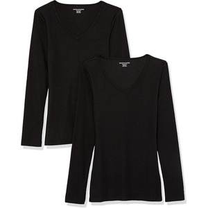 Amazon Essentials Women’s Slim-Fit Long Sleeve V-Neck Knit Rib Shirts (Available in Plus Size), Pack of 2(Black)