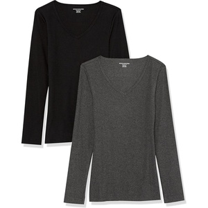 Amazon Essentials Women’s Slim-Fit Long Sleeve V-Neck Knit Rib Shirts (Available in Plus Size), Pack of 2(Black/Charcoal Heather)