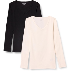 Amazon Essentials Women’s Slim-Fit Long Sleeve V-Neck Knit Rib Shirts (Available in Plus Size), Pack of 2(Eggshell White/Black)