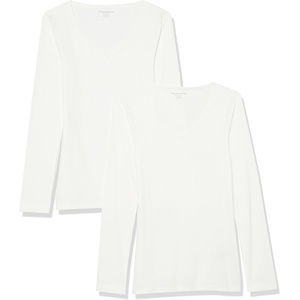 Amazon Essentials Women’s Slim-Fit Long Sleeve V-Neck Knit Rib Shirts (Available in Plus Size), Pack of 2(White)