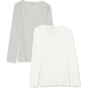 Amazon Essentials Women’s Slim-Fit Long Sleeve V-Neck Knit Rib Shirts (Available in Plus Size), Pack of 2(White/Grey)