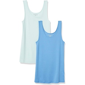 Amazon Essentials Women’s Slim-Fit Ribbed Scoop Neck Tank Tops, Pack of 2(Aqua Blue/French Blue)