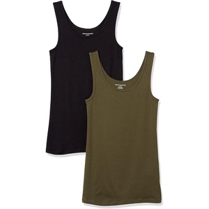 Amazon Essentials Women’s Slim-Fit Ribbed Scoop Neck Tank Tops, Pack of 2(Black/Olive)