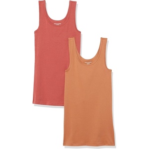 Amazon Essentials Women’s Slim-Fit Ribbed Scoop Neck Tank Tops, Pack of 2(Brick Red/Caramel)