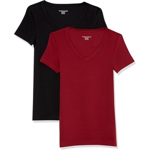 Amazon Essentials Women’s Slim-Fit Short-Sleeve V-Neck T-Shirt, Pack of 2(Black/Burgundy)