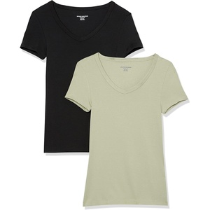 Amazon Essentials Women’s Slim-Fit Short-Sleeve V-Neck T-Shirt, Pack of 2(Black/Light Sage Green)