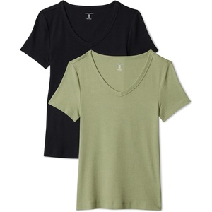 Amazon Essentials Women’s Slim-Fit Short-Sleeve V-Neck T-Shirt, Pack of 2(Black/Olive)