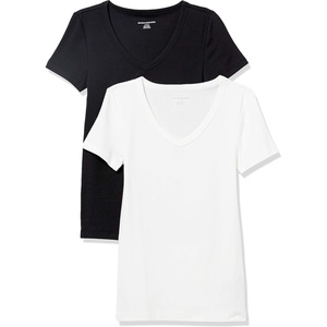 Amazon Essentials Women’s Slim-Fit Short-Sleeve V-Neck T-Shirt, Pack of 2(Black/White)