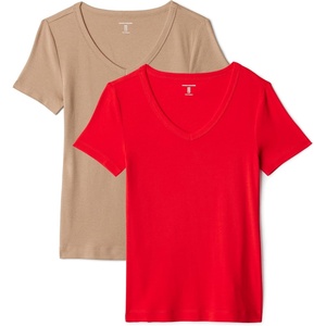 Amazon Essentials Women’s Slim-Fit Short-Sleeve V-Neck T-Shirt, Pack of 2(Bright Poppy Red/Tan)