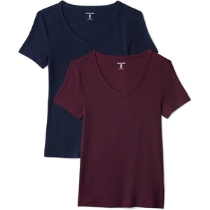 Amazon Essentials Women’s Slim-Fit Short-Sleeve V-Neck T-Shirt, Pack of 2(Burgundy/Navy)