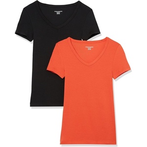 Amazon Essentials Women’s Slim-Fit Short-Sleeve V-Neck T-Shirt, Pack of 2(Charcoal Heather/Tomato Red)