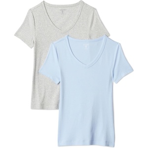 Amazon Essentials Women’s Slim-Fit Short-Sleeve V-Neck T-Shirt, Pack of 2(Light Blue/Light Grey Heather)