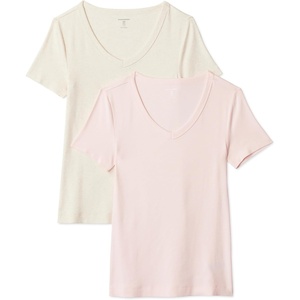 Amazon Essentials Women’s Slim-Fit Short-Sleeve V-Neck T-Shirt, Pack of 2(Oatmeal Heather/Light Pink)