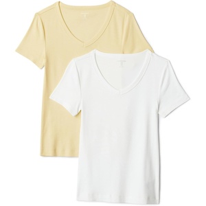 Amazon Essentials Women’s Slim-Fit Short-Sleeve V-Neck T-Shirt, Pack of 2(Pastel Yellow/White)