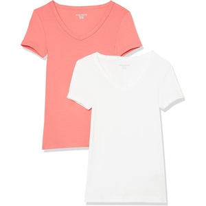 Amazon Essentials Women’s Slim-Fit Short-Sleeve V-Neck T-Shirt, Pack of 2(White/Dark Pink)