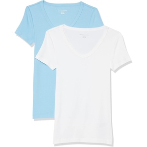 Amazon Essentials Women’s Slim-Fit Short-Sleeve V-Neck T-Shirt, Pack of 2(White/Light Blue)
