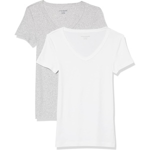 Amazon Essentials Women’s Slim-Fit Short-Sleeve V-Neck T-Shirt, Pack of 2(White/Light Heather Grey)