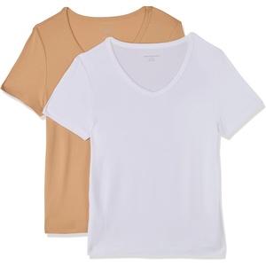 Amazon Essentials Women’s Slim-Fit Short-Sleeve V-Neck T-Shirt, Pack of 2(White/Tan Heather)
