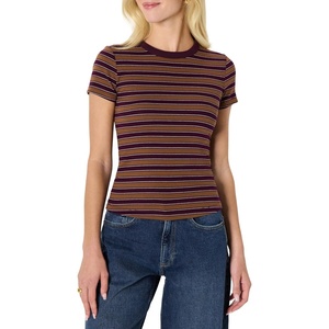 Amazon Essentials Women’s Slim-Fit Stretch Rib Short Cap Sleeve Crewneck Top(Burgundy Brown Stripe)