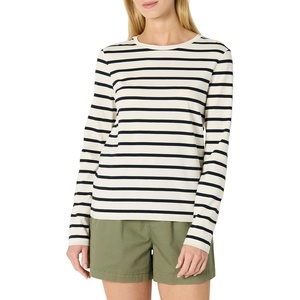 Amazon Essentials Women’s Soft 100% Cotton Regular-Fit Long-Sleeve Crewneck T-Shirt(Eggshell White Black Mariner Stripe)