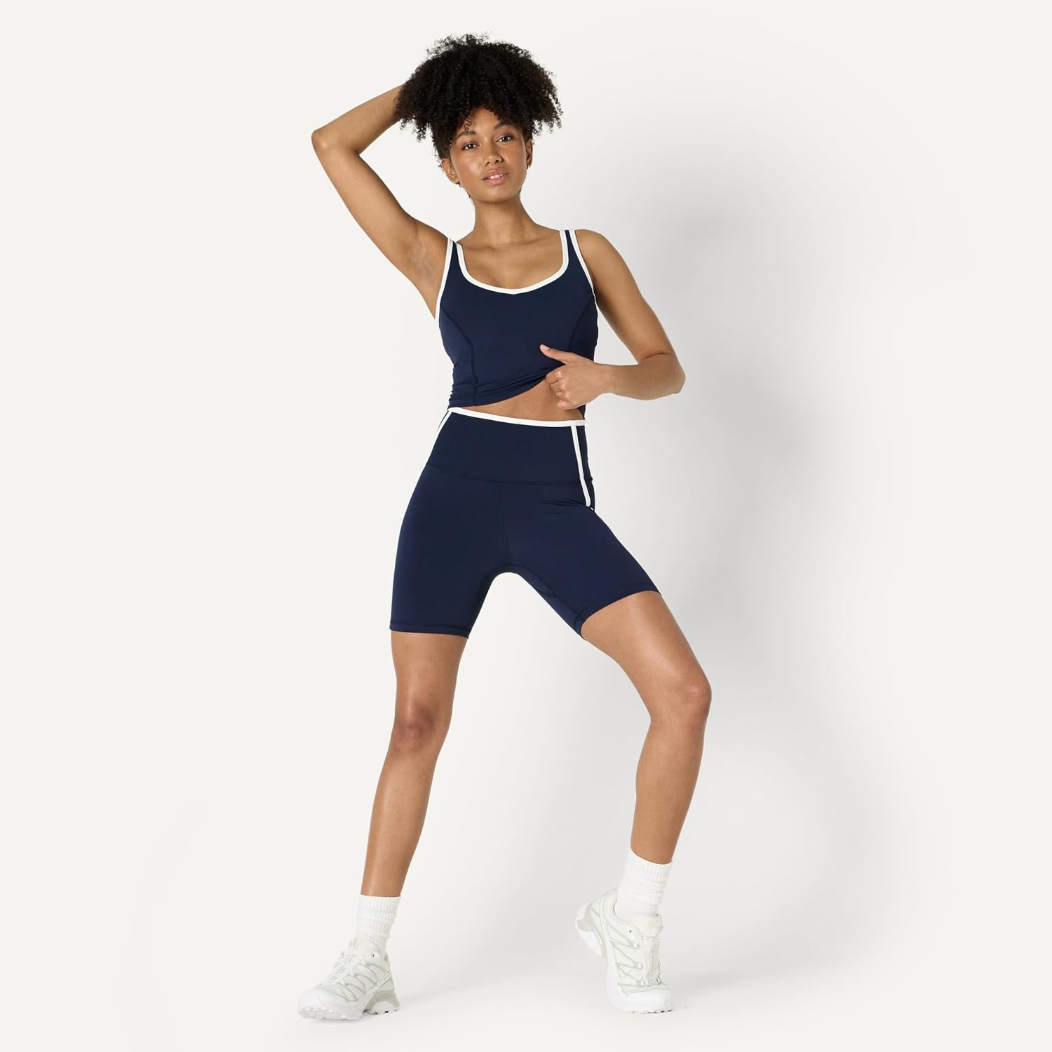 image:imageAmazon Essentials Womens Active FormFlex Buttery Soft High Waist 7 Yoga Biker ShortsNavy White