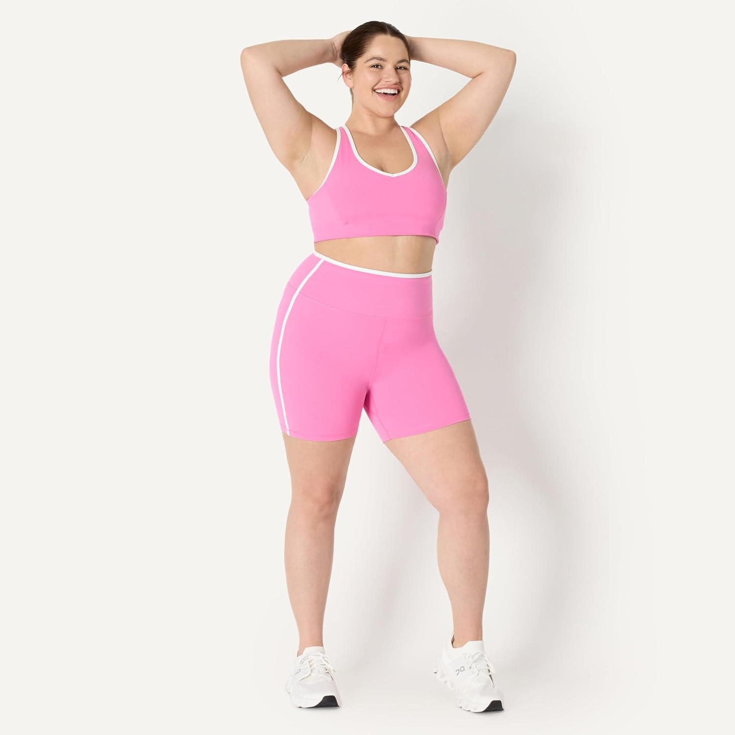 image:imageAmazon Essentials Womens Active FormFlex Buttery Soft High Waist 7 Yoga Biker ShortsPink White