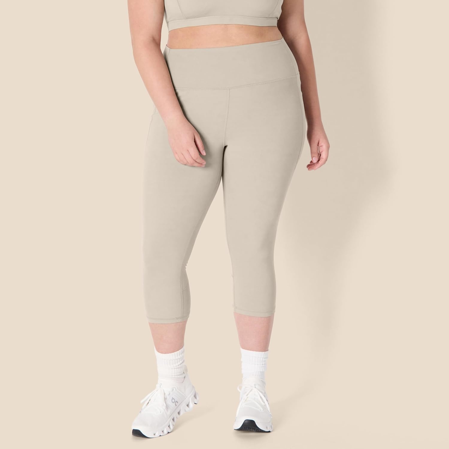 image:imageAmazon Essentials Womens Active FormFlex Buttery Soft High Waist Capri Yoga Workout LeggingsTaupe
