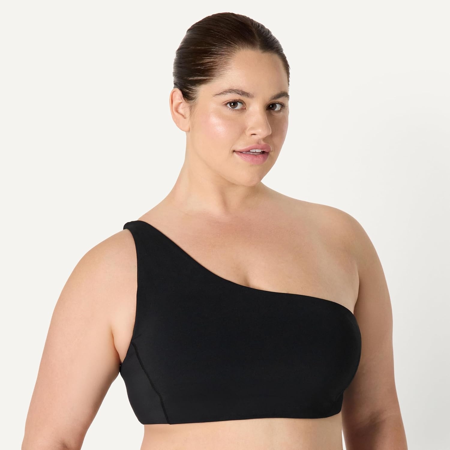 image:imageAmazon Essentials Womens Active FormFlex Buttery Soft Light Support One Shoulder Strappy Back Sports BraBlack