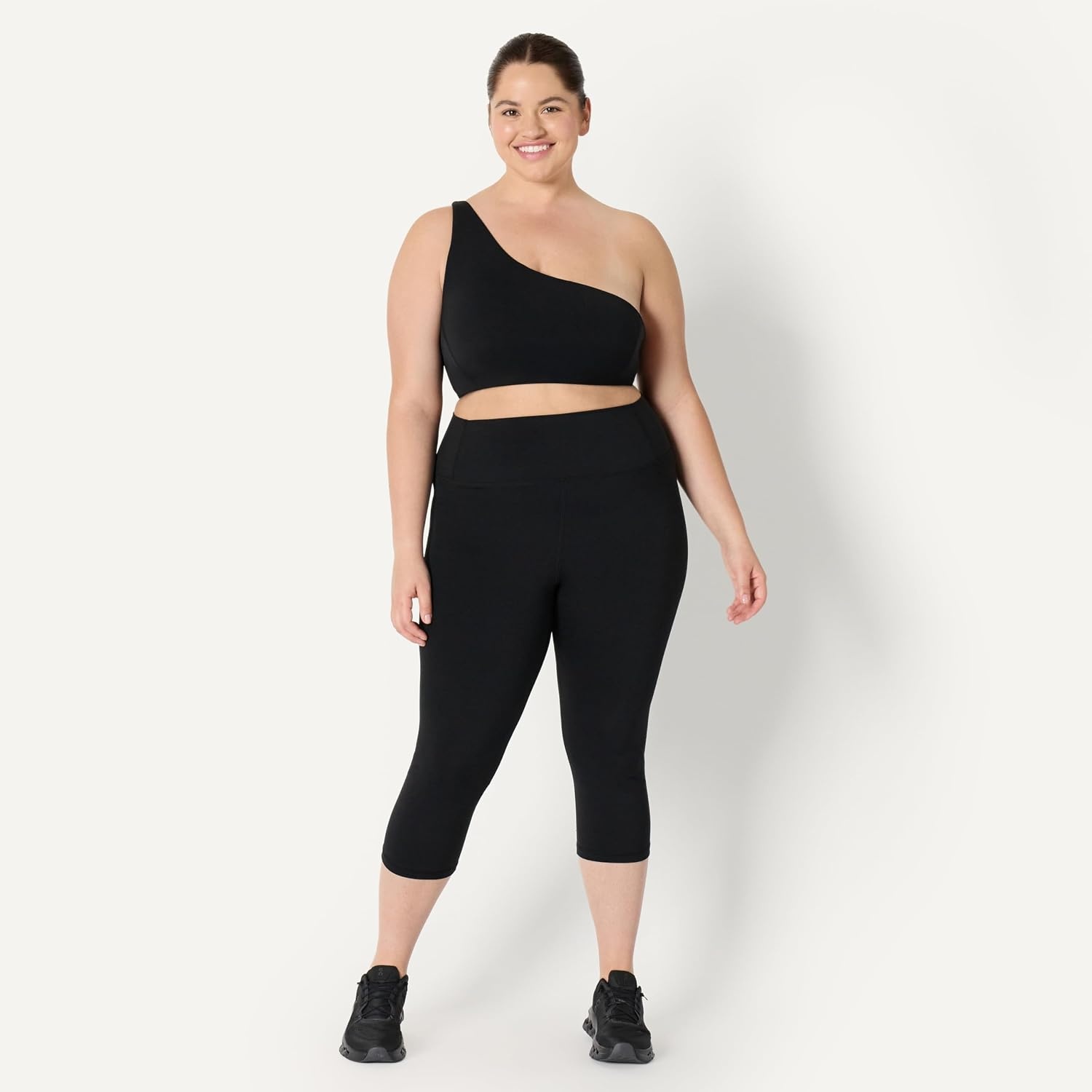 image:imageAmazon Essentials Womens Active FormFlex Buttery Soft Light Support One Shoulder Strappy Back Sports BraBlack